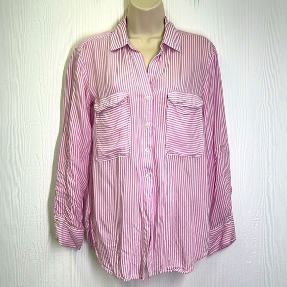 Anthropologie - Maeve Pink And White Stripe Button Down Lightweight Blouse SZ XS - Picture 3 of 9